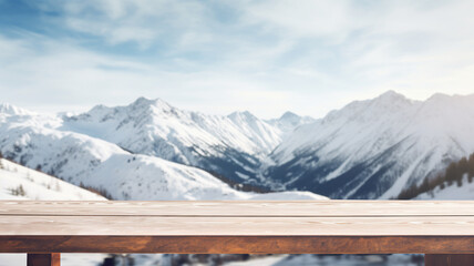 Empty wooden table to display products, empty wooden table  in front of blurred snowy mountain background, winter packshot, beautiful nature in winter,