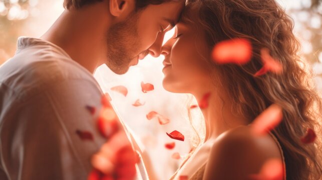 Couple in a tender embrace surrounded by falling red rose petals. Romantic moment. Ideal as postcard for Valentines Day, wedding, anniversary, or love story themes. Concept of romance and intimacy.