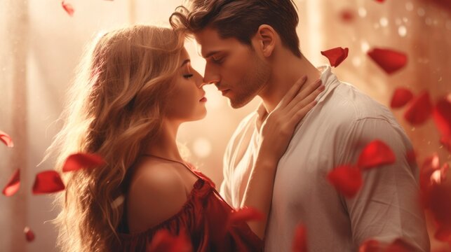 Couple in tender embrace surrounded by falling red rose petals. Romantic moment. Ideal as a postcard for Valentines Day, wedding, anniversary, or love story themes. Concept of passion and tenderness