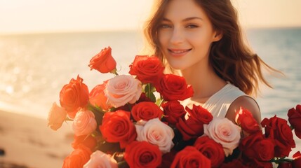 Beautiful young woman with roses against a sunset backdrop on the beach of the sea. Banner with copy space. Can be used in greeting cards or romantic event promotions, symbolizing love, romance