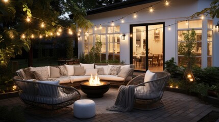 Backyard patio of luxury villa with a fire pit - obrazy, fototapety, plakaty