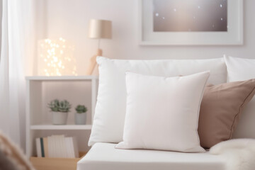 Mock up. White cushion on couch in living room interior