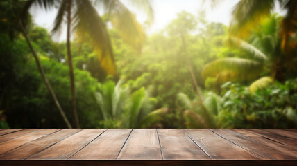 Empty wood table in front of blurry nature background, jungle, for mock-up design and montage, wooden table ready for mock-up, organic farm product, product display
