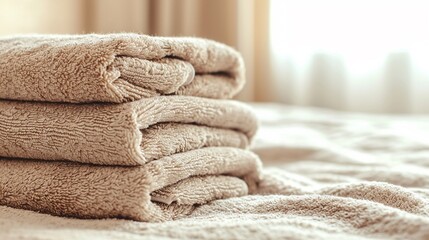 Stack of beige clean towels on table in on bed in bedroom with copy space.