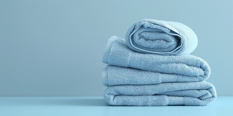 Light blue spa towels pile, bath towels lying in a stack on light blue peaceful background with copy space.