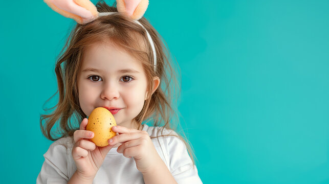 Cute little child girl wearing bunny ears on Easter day on teal color background. Girl holding painted Easter egg isolated on blue banner with copy space.