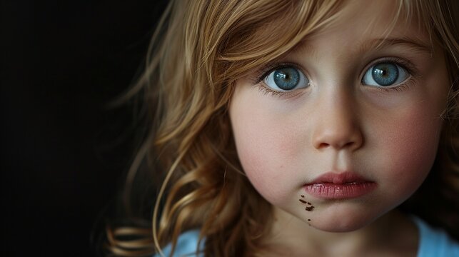 Portrait of adorable little girl eating chocolate. Close up of toddler child with dirty funny face isolated with copy space. 