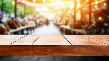 Empty wooden table to display products front of blurred parisian coffee background, sunny packshot, beautiful market city