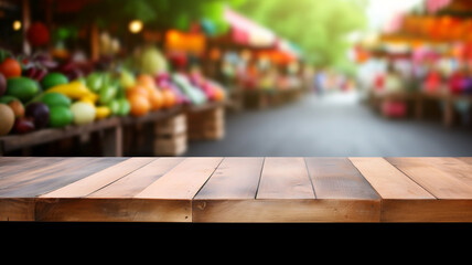 Empty wooden table to display products front of blurred parisian coffee background, sunny packshot, beautiful market city