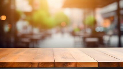 Empty wooden table, outdoor restaurant and cafe, ready for packshot of food, table and street background