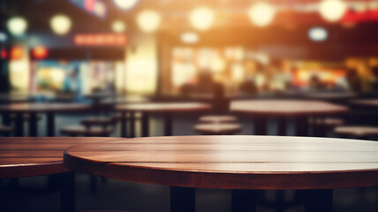 Empty wooden table in a restaurant, restaurant packshot, warm lighting, interior decoration for packshot and background, studio, product design - obrazy, fototapety, plakaty