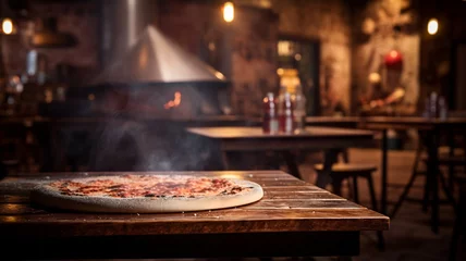 Foto op Plexiglas Pizza in a traditional italian restaurant, pizza on a table, italia, pizza oven in the background © GrafitiRex