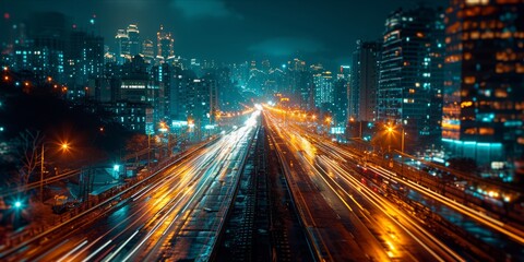 Obraz premium Cityscape Connections: The illuminated web of data transfer intertwining the urban streets on the information highway of the Internet of Things