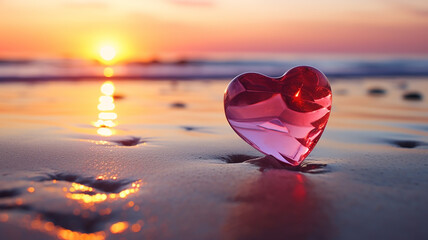 Valentines Day Background. Crystal red heart in sand on seashore at sunset.