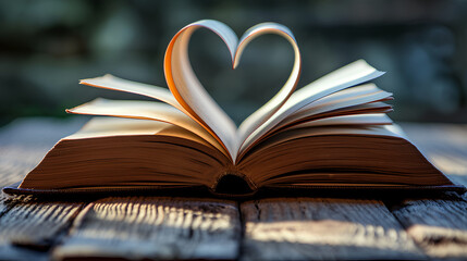 Open book on a wooden table with pages in the shape of a heart