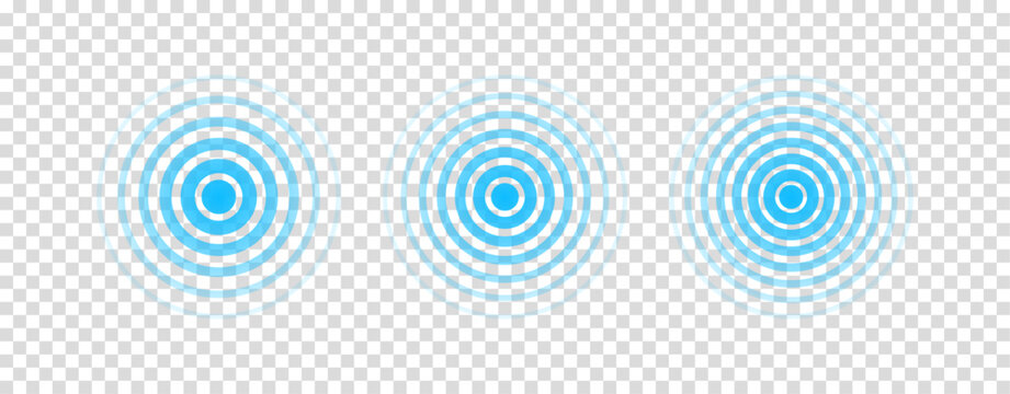 Circle radar wave. Sound ripple icon. Blue effect pulse isolated on transparent background. Signal radio. Pattern sonar. Vibration line. Radial rays. Round touch. Effect water. Vector illustration