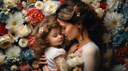 Mother and Child Surrounded by Blossoms. Portrait of mother and young daughter amidst vibrant spring flowers, capturing a moment of family tenderness.