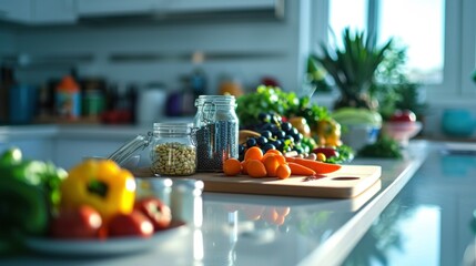 Healthy new year resolutions. Healthy Eating Lifestyle with Fresh Fruits and Supplements. A kitchen with glass of water, fresh fruits, vegetables, and a selection of dietary supplements.
