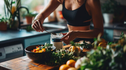 Healthy Meal Prep with Fresh fruits, vegetables and Greens. Focused individual prepares nutritious meal, surrounded by array of fresh greens, avocado and health supplements, in home kitchen - Powered by Adobe