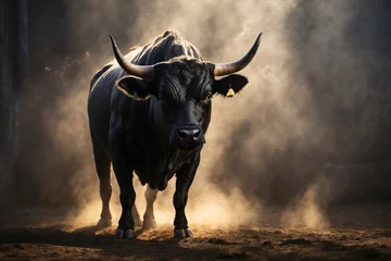 Muurstickers Black Spanish bull rearing in light smoke. ai generative © Anna