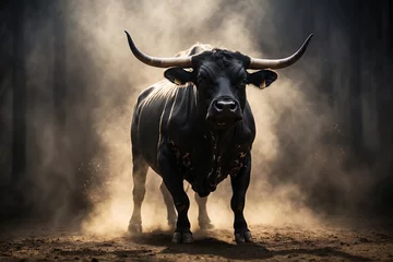 Foto op Canvas Black Spanish bull rearing in light smoke. ai generative © Anna