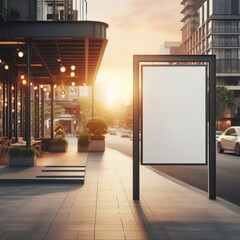 Blank white advertising banner about restaurant entrance on sunset city street background, mockup. ai generative