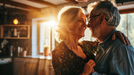 Fototapeta premium Senior Couple Sharing a Dance at Home. Hobby-Based Movement for Physical and Mental Health. Dance for mental health benefits, outlet for emotions.