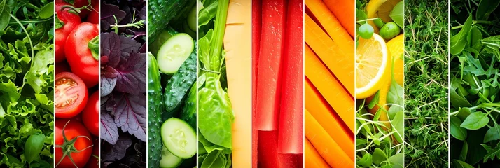 Tragetasche Vibrant collage of fresh and colorful vegetable products divided by bright white vertical lines © Ilja