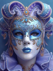 A close up of a person wearing a mask, Mardi Gras carnival mask.