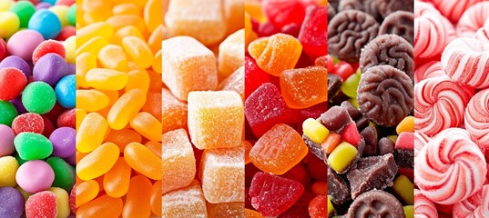 Vibrant candy assortment collage divided by white vertical lines under bright white light - obrazy, fototapety, plakaty
