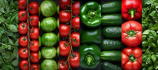 Collage of vegetable products divided by white vertical lines   bright white light   7 segments