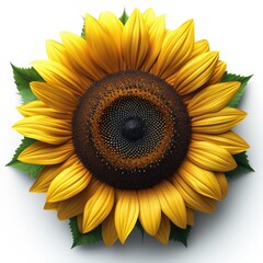 A yellow sunflower with green leaves on a white surface
