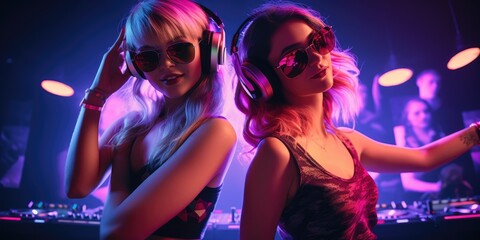 Dual 80s Groove: Two women, shades on, rocking headphones, channeling the electric vibes of the iconic 80s era