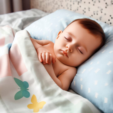 Little cute baby sleeps in his bed. The theme of dreams. ai generative