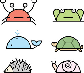 Vector collection funny animals. Cute animals: crab, frog, whale, turtle, hedgehog and snail