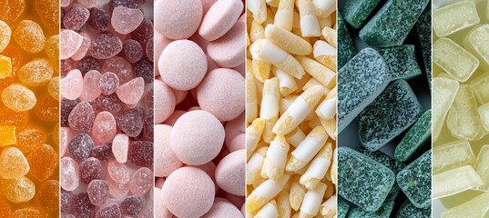 Bright white collage of candy products divided with vertical lines   minimum 7 segments