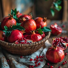 A basket full of fresh, red pomegranates, ai generated