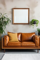 brown leather couch in a living room with plants