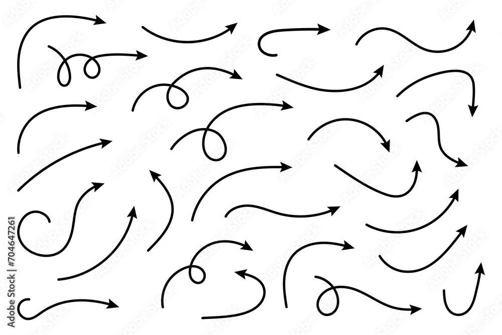 Poster set of vector curved arrows hand drawn. sketch doodle style. collection of pointers.