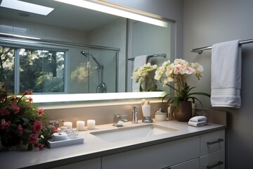 Flowers and candles on bathroom counter
