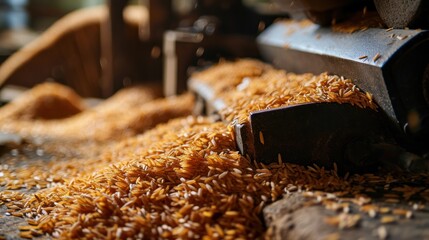  a pile of brown rice sitting on top of a pile of wood shaving next to a metal grinder. - obrazy, fototapety, plakaty
