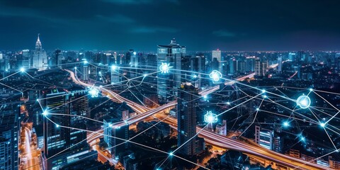 Fototapeta na wymiar City of Connectivity: A Brightly Lit Urban Landscape at Night, Adorned with Overlaid IoT Symbols, Illuminating the Fusion of Technology and City Life in the Modern World