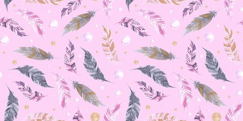 Seamless pattern with pink violet watercolor feathers. Hand painted colorful feathers. Tribal boho aztec background perfect for textile, fabric, wallpaper.