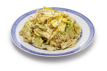 Chinese cabbage salad with sesame dressing (Qian Long Bai Cai ), Beijing food isolated on a white background