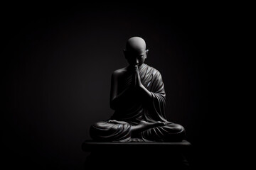 praying monk sit on solid black background. ai generative