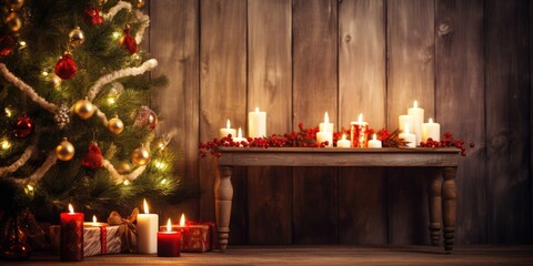 Cozy Christmas ambiance at home with candles on a wooden table, alongside a decorated tree.