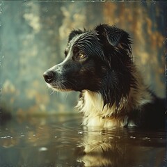 Dog sitting up to his neck in water side view, reflection, ai generated