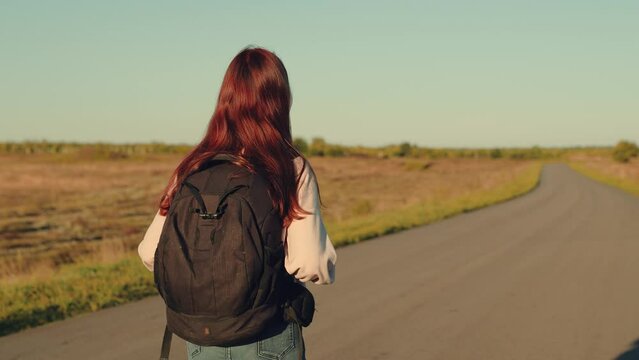 girl traveling with backpack sunset, family sun, hiking girl asphalt road, happy drunken life, walking against backdrop beautiful sunrise, summer long walk sunset, hiking green forest, woman girl