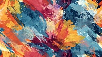  an abstract painting of multicolored paint splattered on a white background with red, yellow, blue, and orange colors.