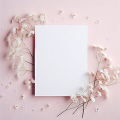 Top view of Blank mockup white card invitation with beautiful gypsophila flowers on a pastel background. ai generative